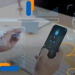 Persona usando reconocimiento facial en su smartphone para verificación biométrica, con interfaz gráfica digital, representando la implementación del Reglamento 566 en Chile para reforzar la seguridad en telecomunicaciones