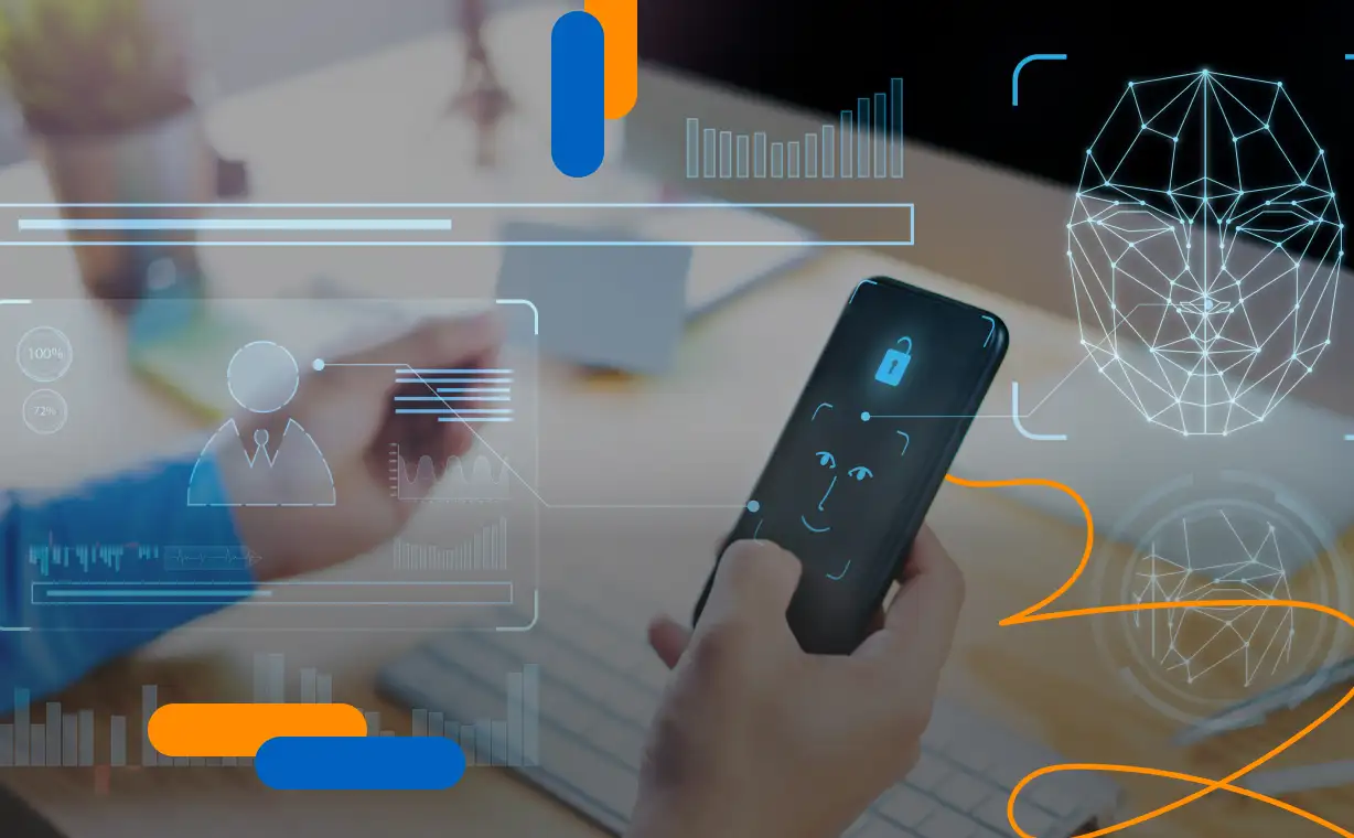 Persona usando reconocimiento facial en su smartphone para verificación biométrica, con interfaz gráfica digital, representando la implementación del Reglamento 566 en Chile para reforzar la seguridad en telecomunicaciones
