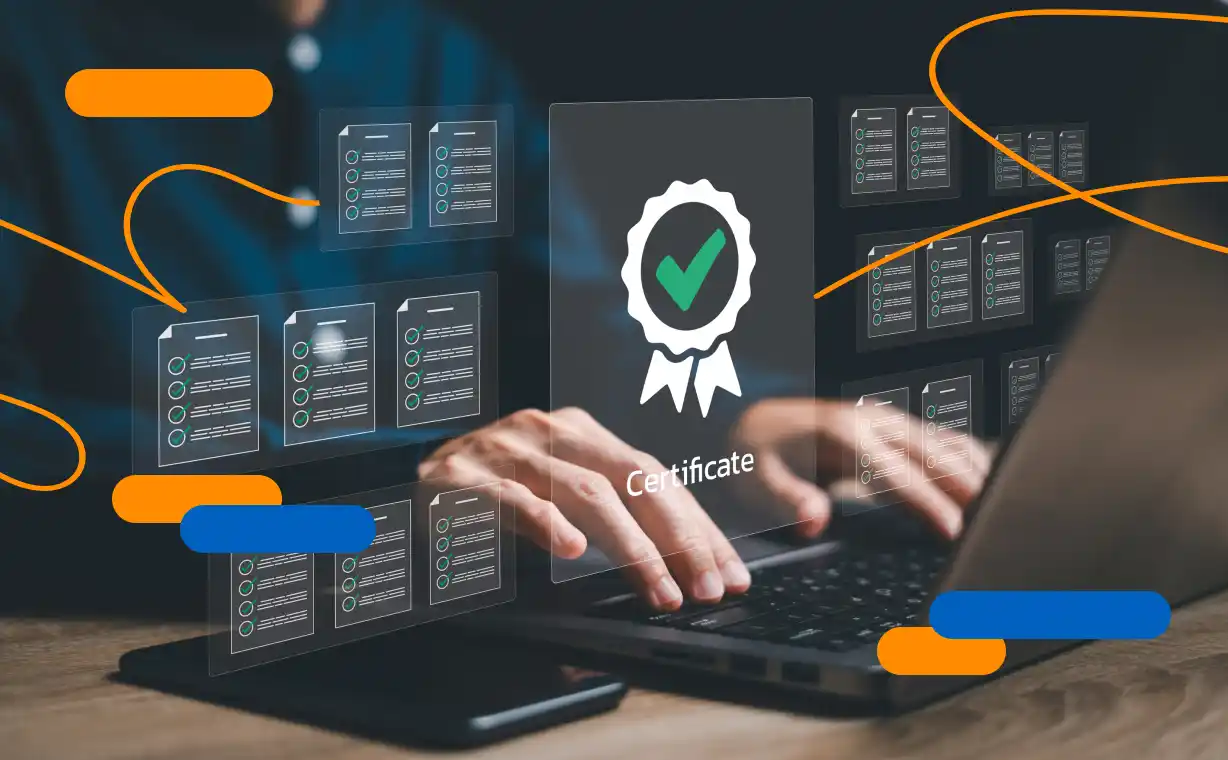 Persona gestionando certificados digitales para pymes desde su laptop, con iconos de documentos y validación en pantalla