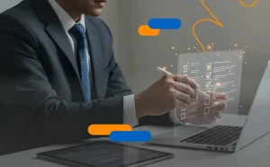 Ejecutivo firmando un documento digital en una tablet, con iconos de candado y un código QR, simbolizando la integración de la firma digital en empresas dominicanas