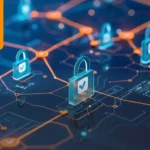 Representación conceptual de una red de candados interconectados sobre un fondo tecnológico, que simboliza la seguridad al centralizar certificados digitales