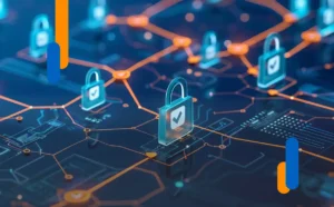 Representación conceptual de una red de candados interconectados sobre un fondo tecnológico, que simboliza la seguridad al centralizar certificados digitales